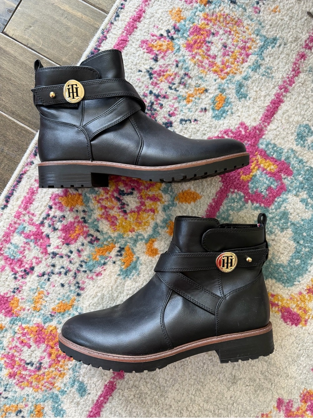 Tommy Hilfiger Black Leather Strap Ankle Boots with Gold Emblem